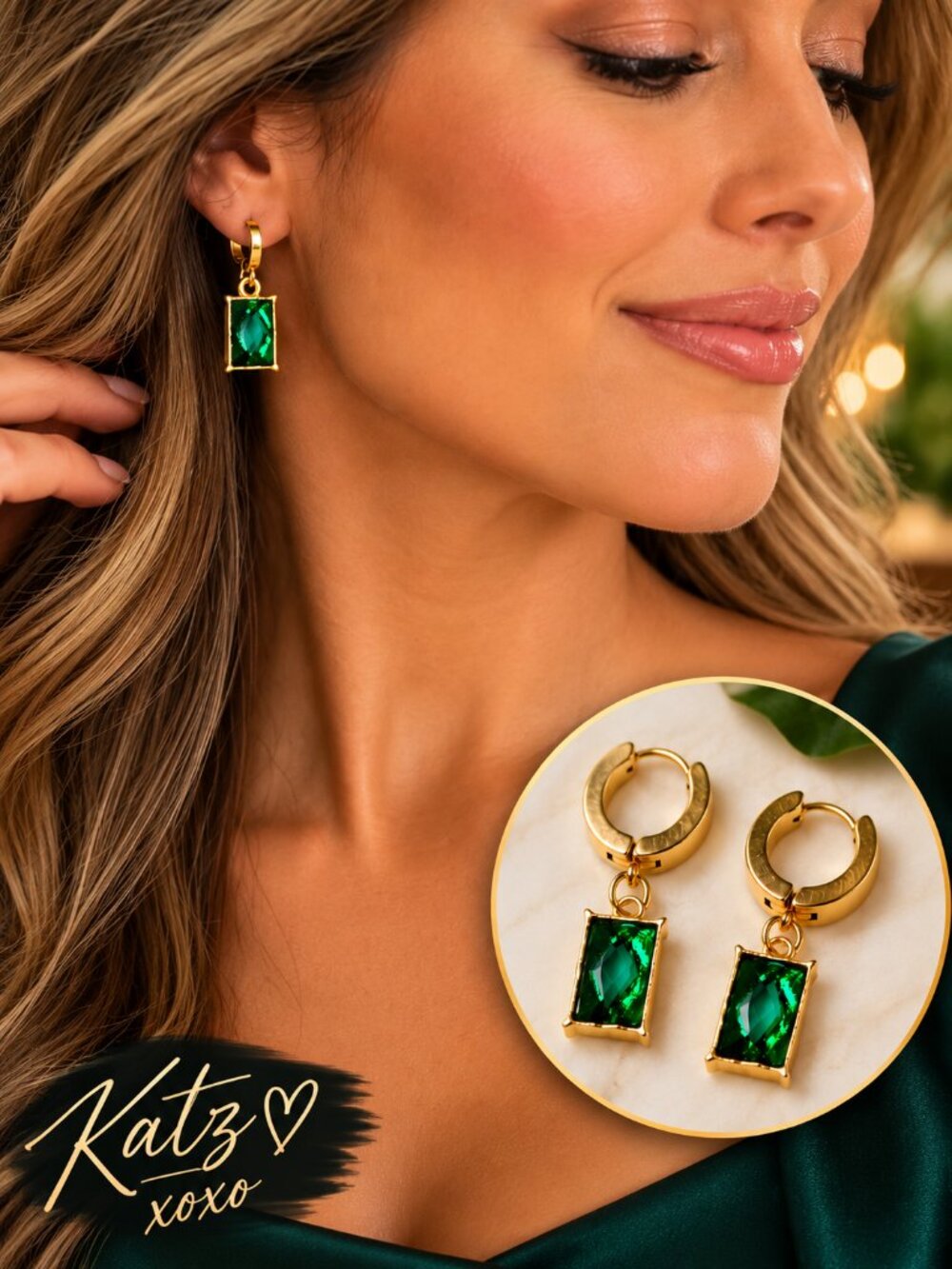 Emerald Green CZ Earrings 18K Gold Plated Huggie Hoop Rectangle Dangle Stainless